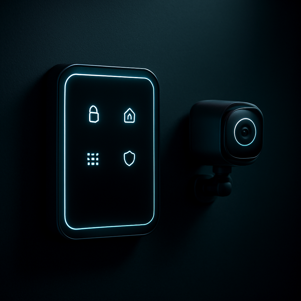 Smart home security control panel and camera mounted on a wall