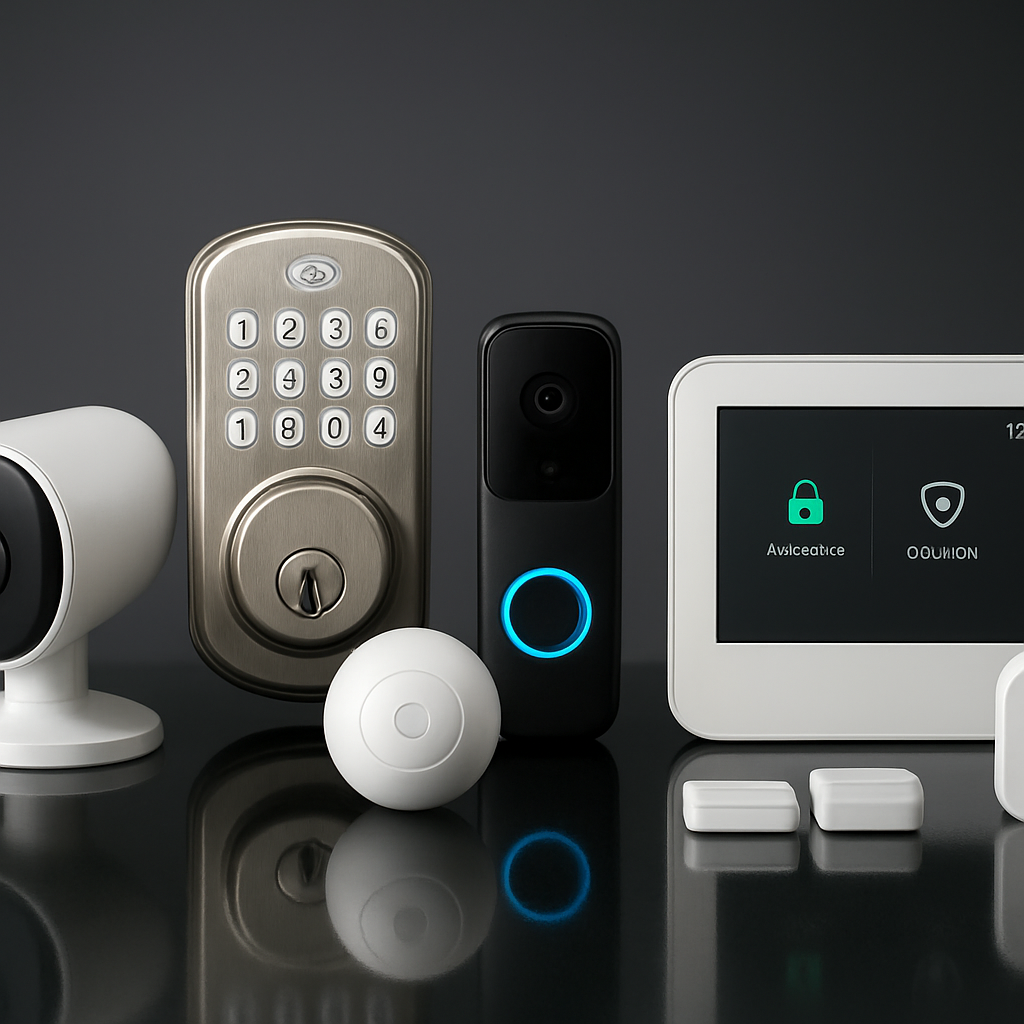 Smart home security equipment lineup including cameras, a video doorbell, a keypad smart lock, a touchscreen control panel, and door and window sensors